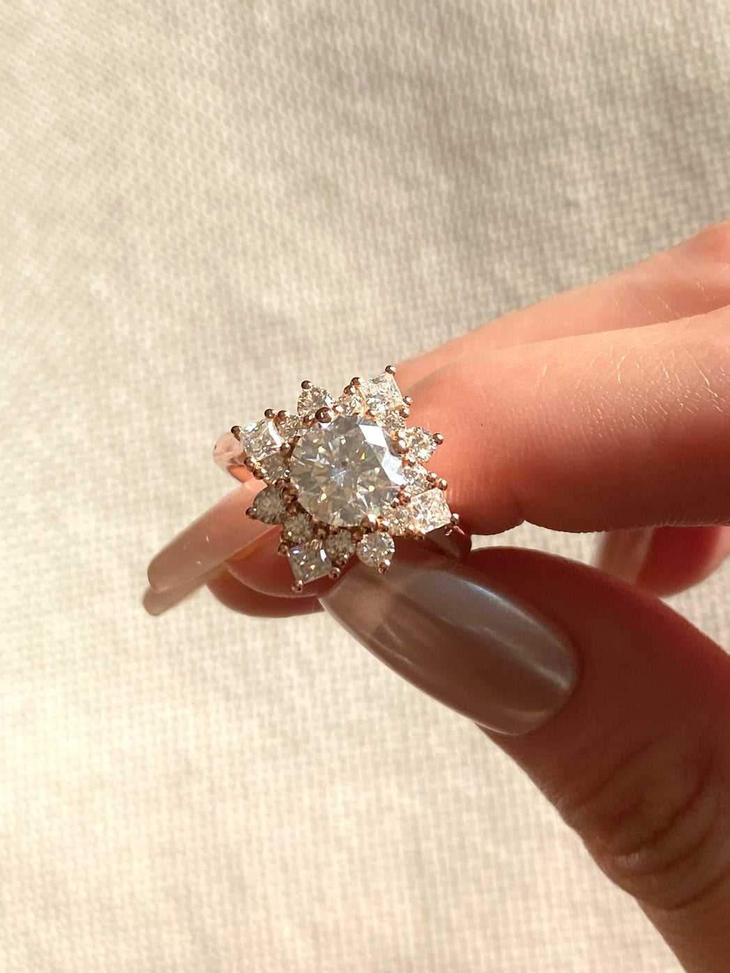 Round Brilliant Halo Princess Cluster Ring Sunburst