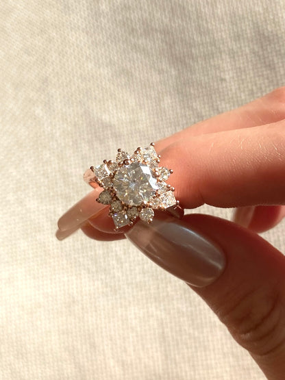 Round Brilliant Halo Princess Cluster Ring Sunburst
