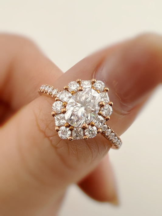 Unique design Oval-cut halo pavé ring
