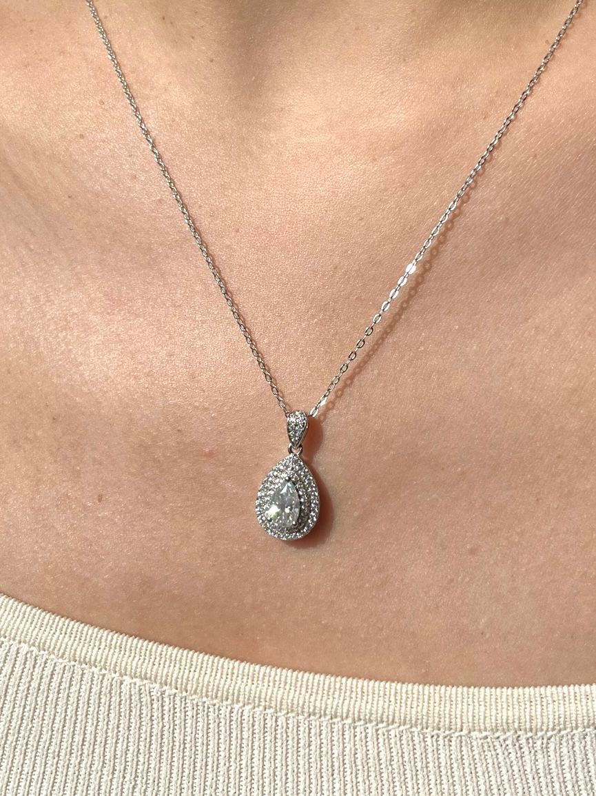 Double Halo Pear-cut Pendant Necklace