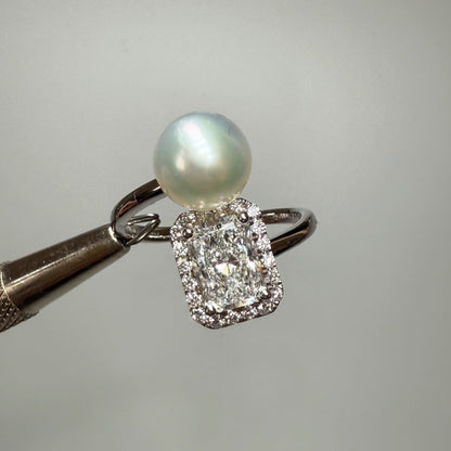 Halo Radiant-cut + 8mm Australian South Sea Pearl 18k white gold ring